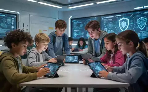 Junge deutsche Schüler interagieren mit Tablets und großen Bildschirmen in einem modernen Klassenzimmer, mit Fokus auf digitale Bildung und Jugendschutz. - Foto: über boerse-global.de