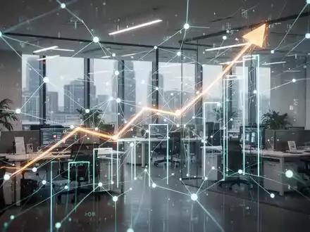 Ein Netzwerk aus leuchtenden digitalen Linien und verbundenen Knoten überlagert ein modernes Büro, das automatisierte Prozesse und Datenflüsse symbolisiert. - Foto: über boerse-global.de