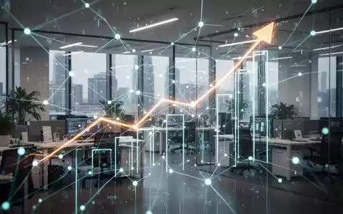 Ein Netzwerk aus leuchtenden digitalen Linien und verbundenen Knoten überlagert ein modernes Büro, das automatisierte Prozesse und Datenflüsse symbolisiert. - Foto: über boerse-global.de
