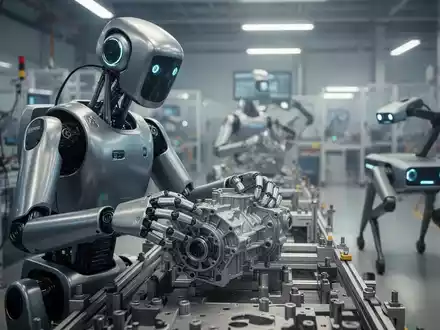 Ein humanoider Roboter Boston Dynamics Atlas greift ein Bauteil an einer Montagelinie, im Hintergrund ein Spot-Roboter. - Foto: über boerse-global.de