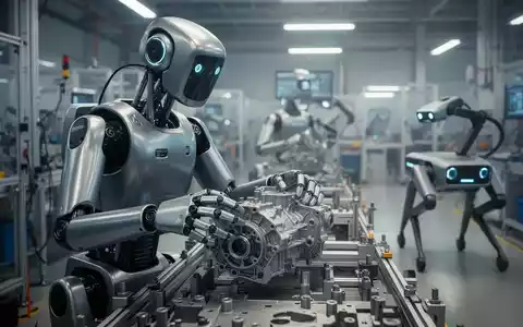 Ein humanoider Roboter Boston Dynamics Atlas greift ein Bauteil an einer Montagelinie, im Hintergrund ein Spot-Roboter. - Foto: über boerse-global.de