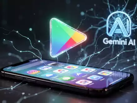 Leuchtendes Google Play-Logo über Smartphone-Bildschirm mit App-Icons, verbunden durch KI-Netzwerklinien mit Gemini-AI-Logo. - Foto: über boerse-global.de