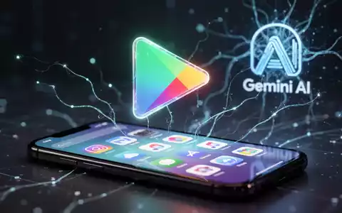 Leuchtendes Google Play-Logo über Smartphone-Bildschirm mit App-Icons, verbunden durch KI-Netzwerklinien mit Gemini-AI-Logo. - Foto: über boerse-global.de