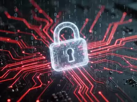 Rote Linien auf einer Leiterplatte mit einem schwebenden Vorhängeschloss-Symbol und binärem Code, der eine digitale Bedrohung darstellt. - Foto: über boerse-global.de