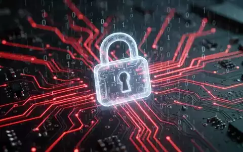 Rote Linien auf einer Leiterplatte mit einem schwebenden Vorhängeschloss-Symbol und binärem Code, der eine digitale Bedrohung darstellt. - Foto: über boerse-global.de