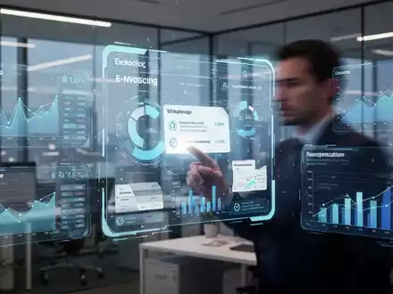 Eine moderne Büroansicht mit digitalen Finanzschnittstellen und einer unscharfen Person, die mit einem holografischen Dashboard interagiert. - Foto: über boerse-global.de