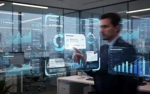 Eine moderne Büroansicht mit digitalen Finanzschnittstellen und einer unscharfen Person, die mit einem holografischen Dashboard interagiert. - Foto: über boerse-global.de