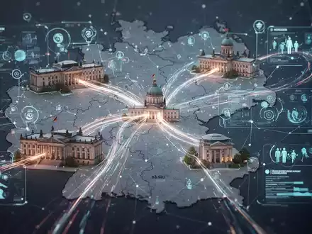 Glühendes digitales Netzwerk über einer Karte Hessens, Symbol für die Modernisierung von Verwaltung und Alltag. - Foto: über boerse-global.de