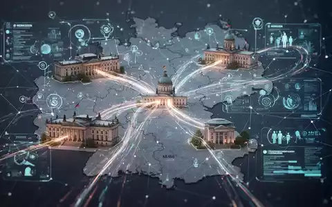 Glühendes digitales Netzwerk über einer Karte Hessens, Symbol für die Modernisierung von Verwaltung und Alltag. - Foto: über boerse-global.de
