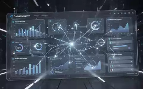 Schlanke digitale Oberfläche mit Projektmanagement, Datenanalyse und KI-gesteuerten Erkenntnissen mit leuchtenden Verbindungen. - Foto: über boerse-global.de
