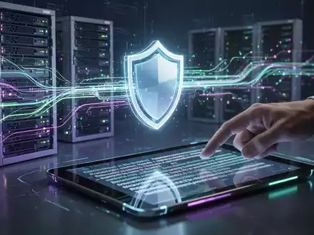 Abstrakte Darstellung von Cloud-Compliance und Governance. Leuchtende Datenströme verbinden Server-Racks mit einem Schildsymbol. - Foto: über boerse-global.de