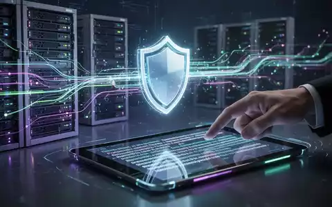 Abstrakte Darstellung von Cloud-Compliance und Governance. Leuchtende Datenströme verbinden Server-Racks mit einem Schildsymbol. - Foto: über boerse-global.de