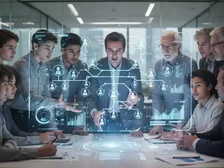Mitarbeiter unterschiedlichen Alters arbeiten zusammen an einer holografischen Anzeige mit digitalen Kompetenzbäumen in einem modernen Büro. - Foto: über boerse-global.de