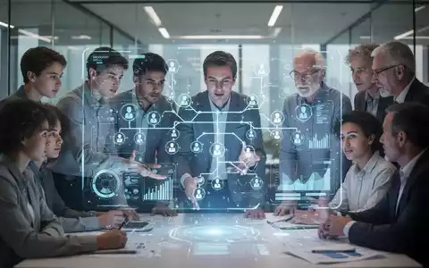 Mitarbeiter unterschiedlichen Alters arbeiten zusammen an einer holografischen Anzeige mit digitalen Kompetenzbäumen in einem modernen Büro. - Foto: über boerse-global.de