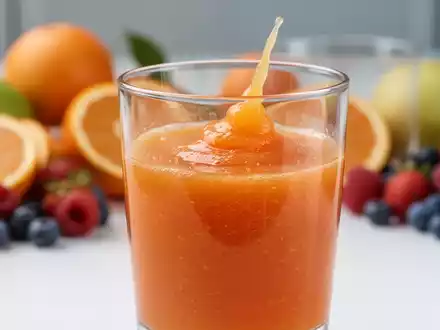 Ein Nahaufnahme von frisch gepresstem Saft in einem Glas, mit unscharfen Zitrusfrüchten und Beeren im Hintergrund. - Foto: über boerse-global.de