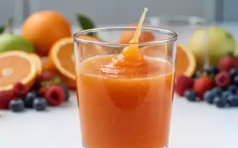 Ein Nahaufnahme von frisch gepresstem Saft in einem Glas, mit unscharfen Zitrusfrüchten und Beeren im Hintergrund. - Foto: über boerse-global.de