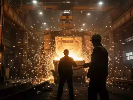 Innenansicht eines Stahlwerks mit geschmolzenem Metall, Funkenflug und der Silhouette eines Arbeiters. Industrielle Atmosphäre. - Foto: über boerse-global.de