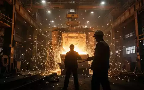 Innenansicht eines Stahlwerks mit geschmolzenem Metall, Funkenflug und der Silhouette eines Arbeiters. Industrielle Atmosphäre. - Foto: über boerse-global.de