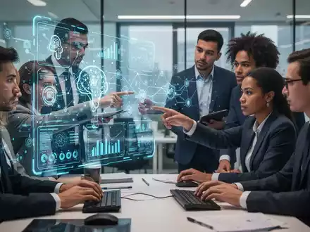 Fachleute arbeiten in einem modernen Büro mit einer holografischen KI-Projektion zusammen, die KI-Bildung und Unternehmensschulung symbolisiert. - Foto: über boerse-global.de