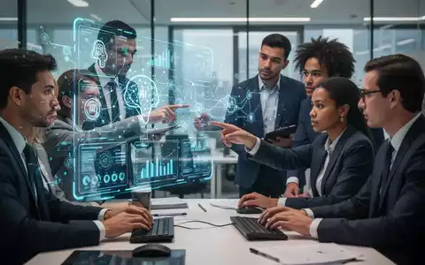 Fachleute arbeiten in einem modernen Büro mit einer holografischen KI-Projektion zusammen, die KI-Bildung und Unternehmensschulung symbolisiert. - Foto: über boerse-global.de