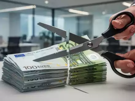 Ein Stapel Euro-Banknoten wird mit einer Schere durchgeschnitten, um Budgetkürzungen und geringere Mitarbeiterprämien darzustellen. - Foto: über boerse-global.de