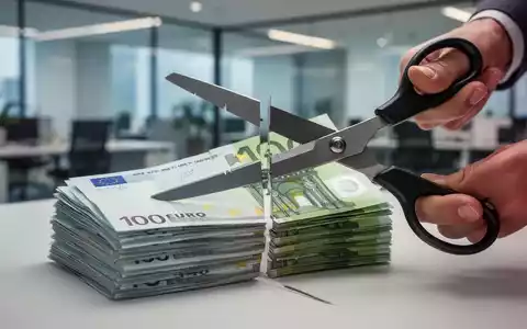 Ein Stapel Euro-Banknoten wird mit einer Schere durchgeschnitten, um Budgetkürzungen und geringere Mitarbeiterprämien darzustellen. - Foto: über boerse-global.de