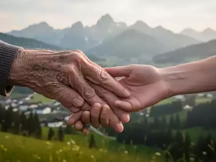 Eine ältere Hand berührt sanft eine jüngere Hand, mit einer verschwommenen bayerischen Landschaft im Hintergrund. - Foto: über boerse-global.de