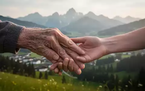 Eine ältere Hand berührt sanft eine jüngere Hand, mit einer verschwommenen bayerischen Landschaft im Hintergrund. - Foto: über boerse-global.de