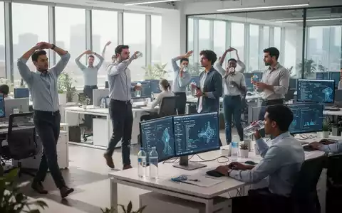Büroangestellte machen Mikropausen, trinken Wasser und arbeiten an Computern in einem modernen, hellen Büro. - Foto: über boerse-global.de