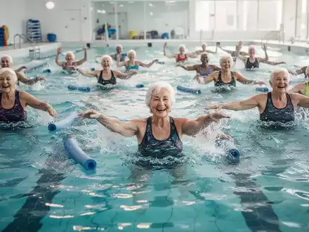 Senioren nehmen an einem fröhlichen Wassergymnastikkurs in einem Schwimmbecken teil, das die Vorteile von Bewegung bei Hitze symbolisiert. - Foto: über boerse-global.de