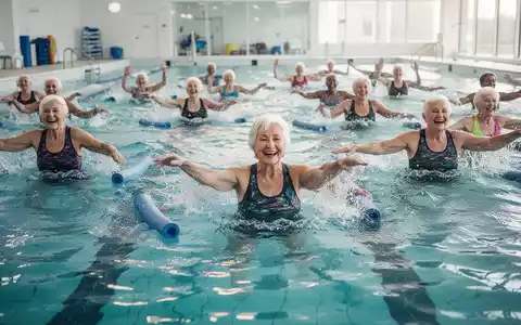 Senioren nehmen an einem fröhlichen Wassergymnastikkurs in einem Schwimmbecken teil, das die Vorteile von Bewegung bei Hitze symbolisiert. - Foto: über boerse-global.de