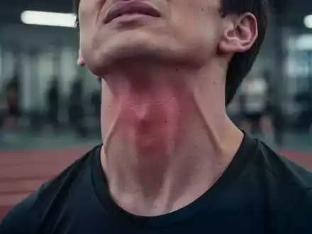 Nahaufnahme des Halses einer Person, die Unbehagen zeigt, mit einem verschwommenen Hintergrund eines Sportplatzes. - Foto: über boerse-global.de