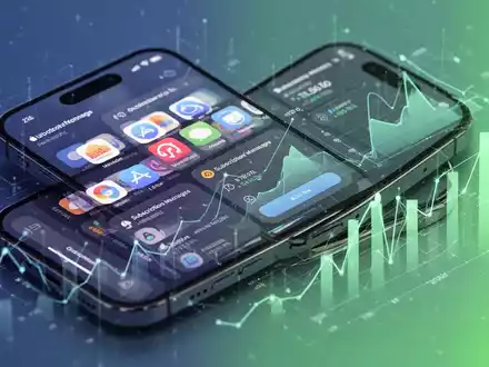 iPhone-Bildschirm mit App-Symbolen und Abonnementverwaltung, überlagert von Finanzdiagrammen, die digitale Finanzen und App-Organisation darstellen. - Foto: über boerse-global.de