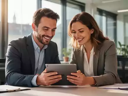 Zwei Fachkräfte, Mann und Frau, arbeiten in einem modernen Büro in Wien konzentriert an einem Tablet, symbolisch für Jobsharing. - Foto: über boerse-global.de