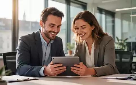 Zwei Fachkräfte, Mann und Frau, arbeiten in einem modernen Büro in Wien konzentriert an einem Tablet, symbolisch für Jobsharing. - Foto: über boerse-global.de