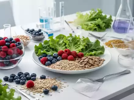 Ein Tisch mit einer gesunden Mahlzeit, darunter Beeren, grünes Blattgemüse und Vollkornprodukte, die eine entzündungshemmende Ernährung symbolisieren. - Foto: über boerse-global.de