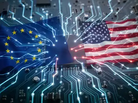 Leiterplatte mit EU-Flagge und US-Flagge, verbunden durch leuchtende Linien. - Foto: über boerse-global.de
