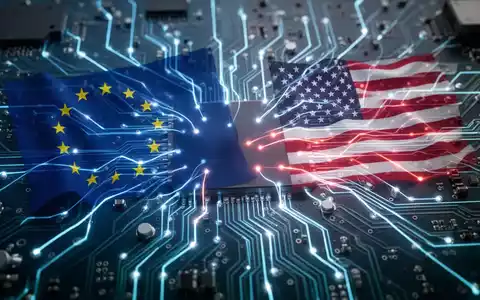 Leiterplatte mit EU-Flagge und US-Flagge, verbunden durch leuchtende Linien. - Foto: über boerse-global.de