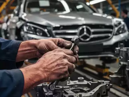 Nahaufnahme der Hände eines Arbeiters an einem Montageband in einer Automobilfabrik, mit unscharfen Mercedes-Benz-Teilen im Hintergrund. - Foto: über boerse-global.de