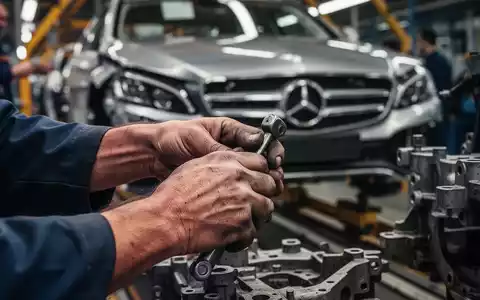 Nahaufnahme der Hände eines Arbeiters an einem Montageband in einer Automobilfabrik, mit unscharfen Mercedes-Benz-Teilen im Hintergrund. - Foto: über boerse-global.de