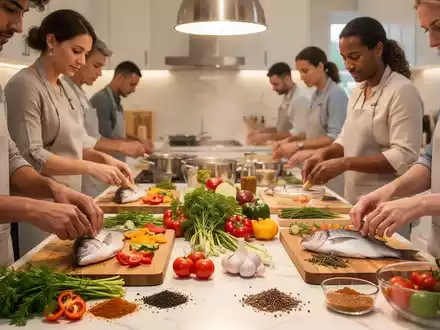 Menschen kochen gemeinsam in einer modernen Küche und bereiten bunte, gesunde Lebensmittel wie Gemüse und Fisch zu. - Foto: über boerse-global.de