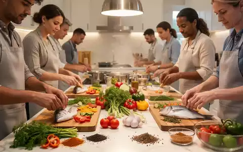 Menschen kochen gemeinsam in einer modernen Küche und bereiten bunte, gesunde Lebensmittel wie Gemüse und Fisch zu. - Foto: über boerse-global.de