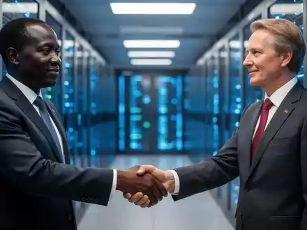 Zwei Hände, eine dunklere und eine hellere Hautfarbe, schütteln sich fest vor verschwommenem Hintergrund eines High-Tech-Rechenzentrums. - Foto: über boerse-global.de