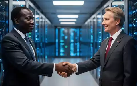 Zwei Hände, eine dunklere und eine hellere Hautfarbe, schütteln sich fest vor verschwommenem Hintergrund eines High-Tech-Rechenzentrums. - Foto: über boerse-global.de