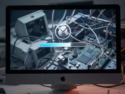 Nahaufnahme eines iMac-Bildschirms mit macOS-Update-Fortschrittsbalken, unscharfe ältere Computerhardware im Hintergrund. - Foto: über boerse-global.de