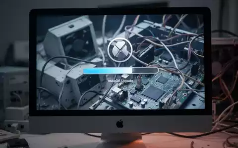 Nahaufnahme eines iMac-Bildschirms mit macOS-Update-Fortschrittsbalken, unscharfe ältere Computerhardware im Hintergrund. - Foto: über boerse-global.de