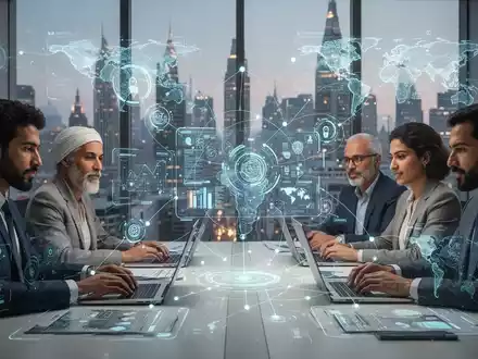 Eine Gruppe internationaler Fachkräfte arbeitet über digitale Schnittstellen zusammen, vor dem Hintergrund globaler Stadtansichten. - Foto: über boerse-global.de