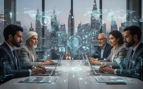 Eine Gruppe internationaler Fachkräfte arbeitet über digitale Schnittstellen zusammen, vor dem Hintergrund globaler Stadtansichten. - Foto: über boerse-global.de