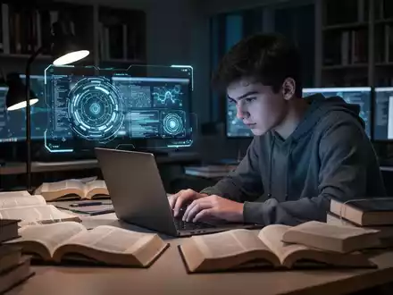 Eine Studentin lernt nachts an einem Laptop, umgeben von Büchern, mit Andeutungen von KI-Unterstützung auf dem Bildschirm. - Foto: über boerse-global.de