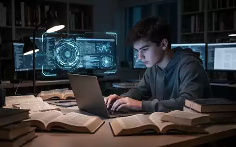 Eine Studentin lernt nachts an einem Laptop, umgeben von Büchern, mit Andeutungen von KI-Unterstützung auf dem Bildschirm. - Foto: über boerse-global.de